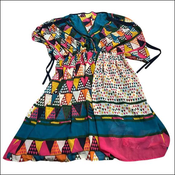 Anthropologie Maeve Colorful Geometric Sheer Dress 14 Pullover Cinched Waist - Picture 2 of 4